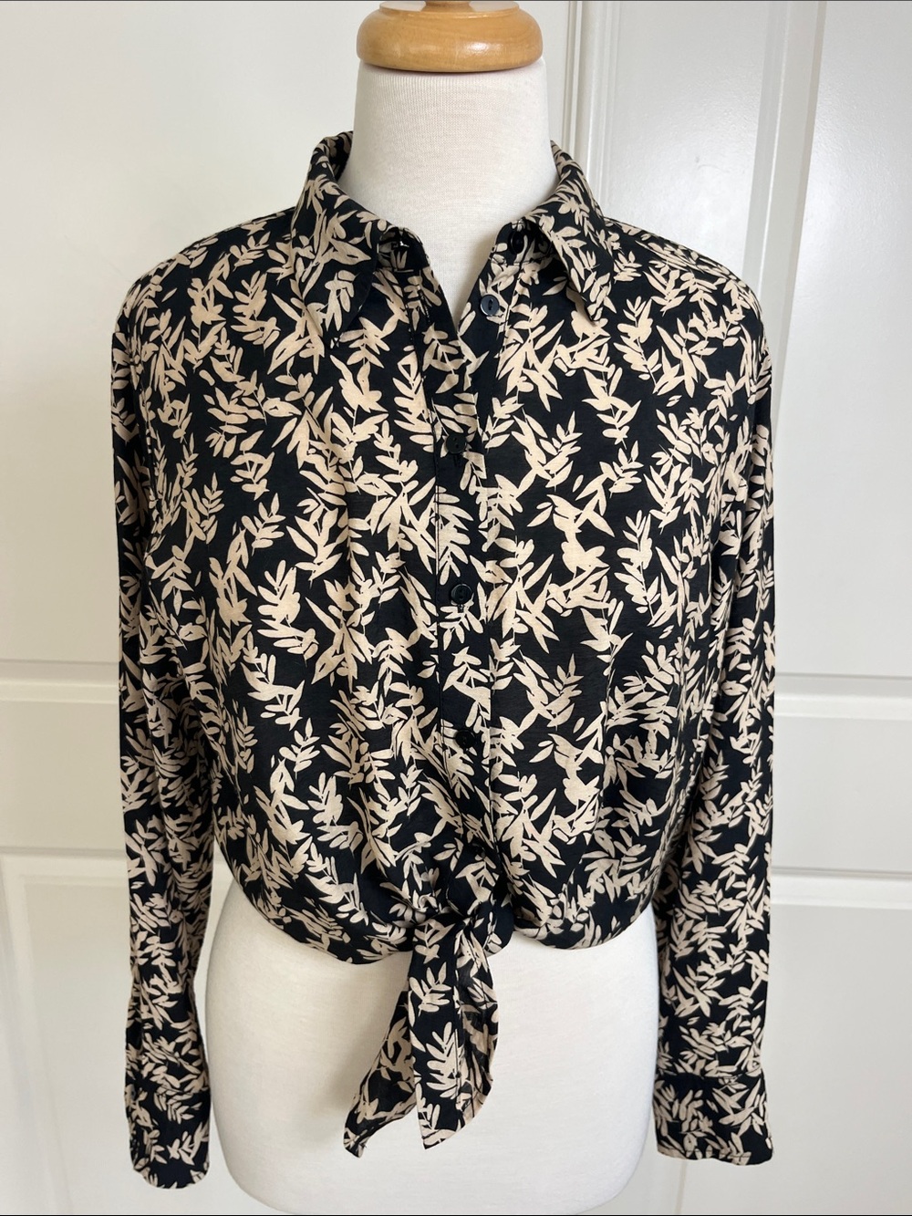 ba&sh Black Button-Front Tie Shirt with Cream Leaf Print